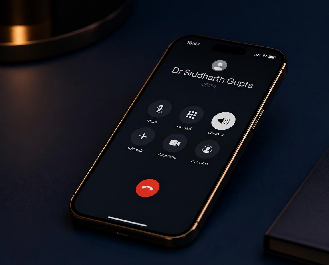 Smartphone showing an incoming consultation call from Dr. Siddharth Gupta's orthopaedic clinic in Faridabad